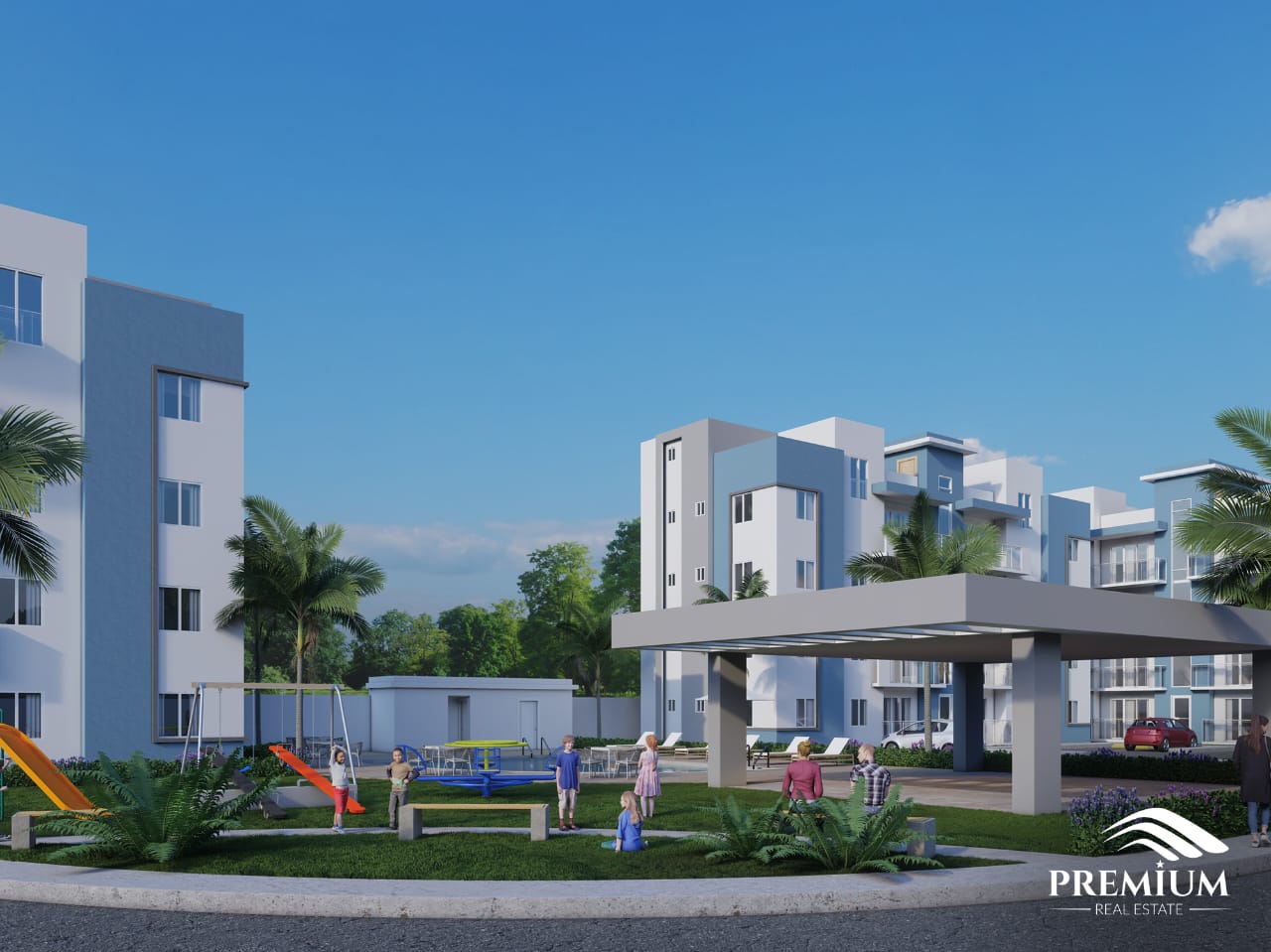 Render de piscina y área de niños de Residencial Elyón